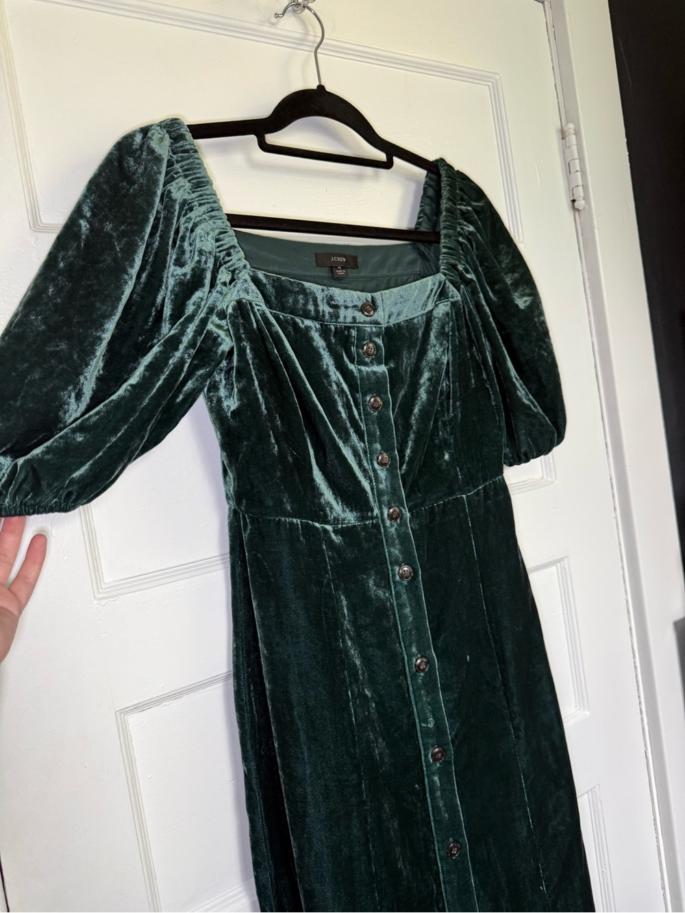 J.Crew Emerald Velvet Puff Sleeve Square-Neck Button Front Midi Dress Whimsigoth - Picture 6 of 14